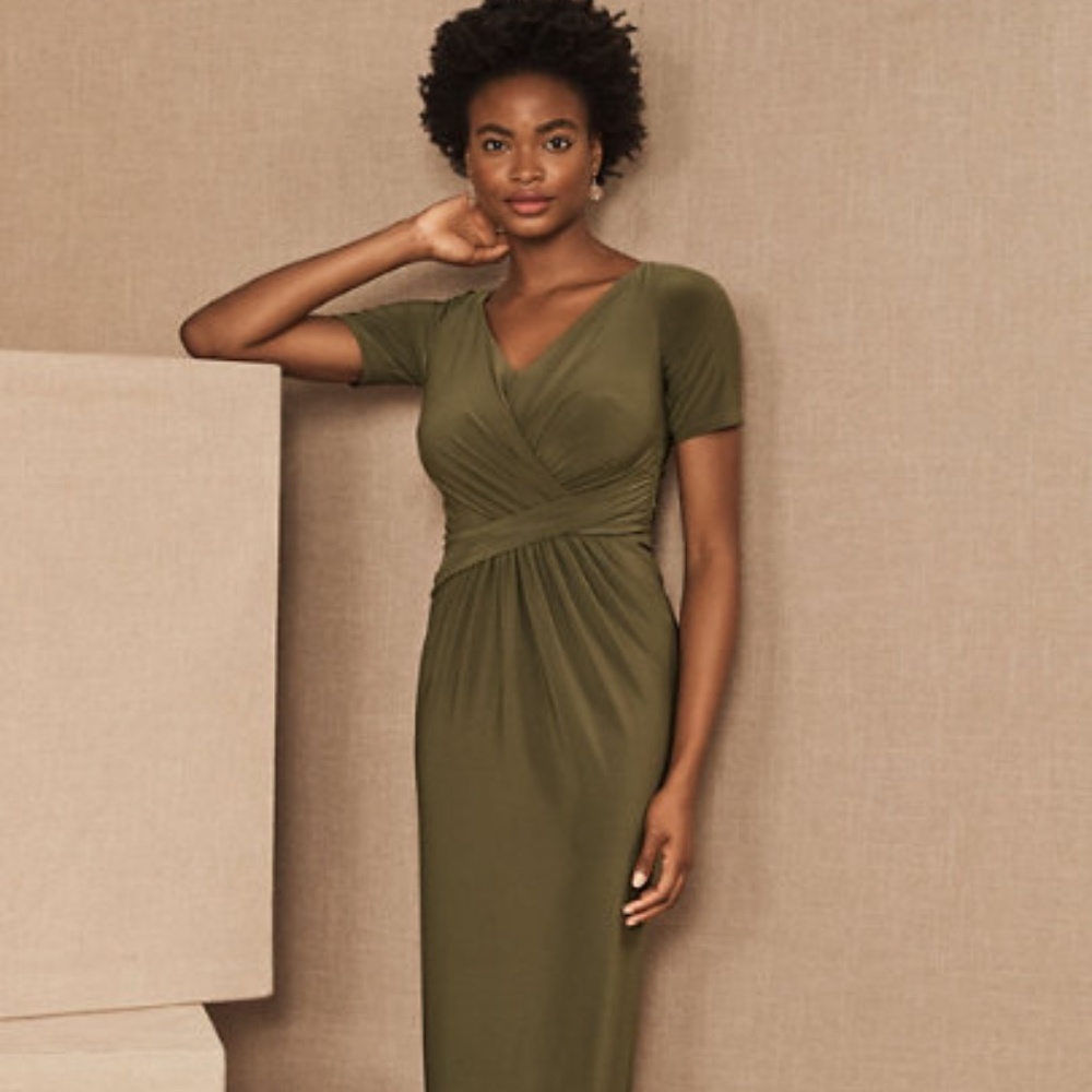 BHLDN Green Ruched Wrap Maxi Dress V-Neck